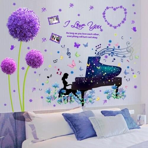 Piano Girl Wall Sticker DIY Purple Dandelions Flower Mural Decals for Kids Room Baby Bedroom Living Room Decoration