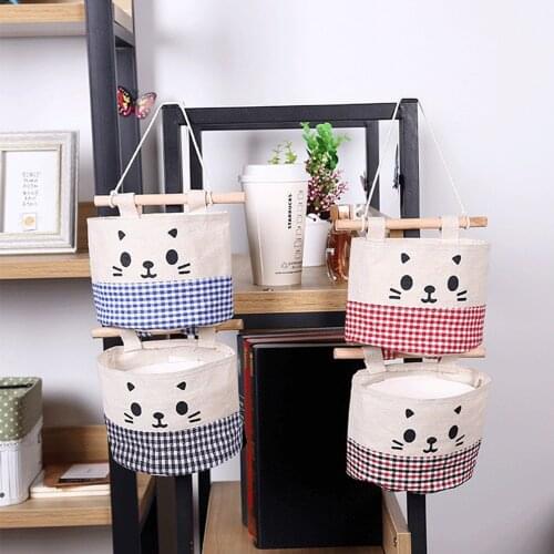 Wall Hanging Storage Bags Cartoon Cat Organizer Pocket Wardrobe Hanging Bag For Cosmetics Containers Cotton Linen