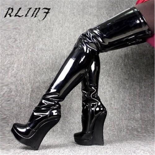 RLINF 18CM Super High Heel Large Size Waterproof Platform Increased Wedge with Sexy Patent Leather Round Head Over The Knee