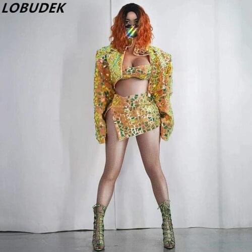 Sexy Bar DJ Singer Lead Dancer Hip Hop Jazz Costume Gold Mirror Sequins Short Jacket+Bra+Skirt Outfit Lady Nightclub Stage Wear