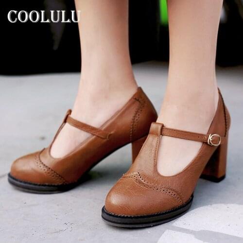 COOLULU Women Shoes T-Tied High Heels Buckle Chunky Heel Dress Pumps Retro Round Toe Female Footwear Spring Black Large Size 43