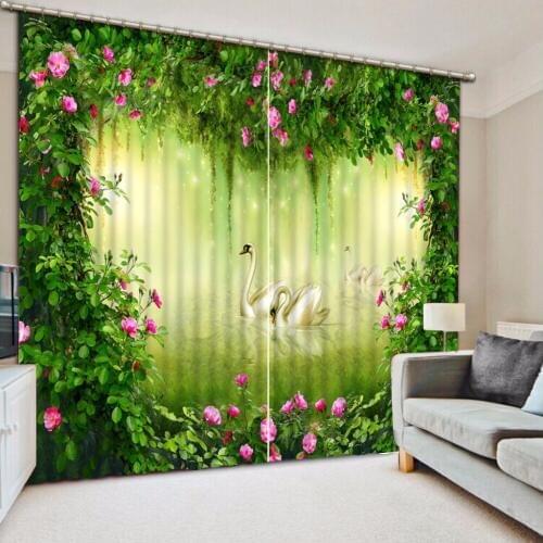 Home Bedroom Decoration 3D Curtain Green leaves safflower Swan Bed Room Living Room Office Hotel Cortinas 3D Bathroom Shower