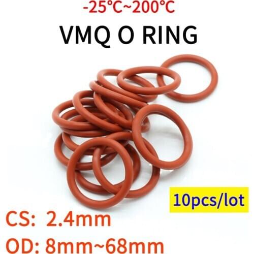 10pcs VMQ O Ring Seal Gasket Thickness CS 2.4mm OD 8 ~ 68mm Silicone Rubber Insulated Waterproof Washer Round Shape Nontoxi Red