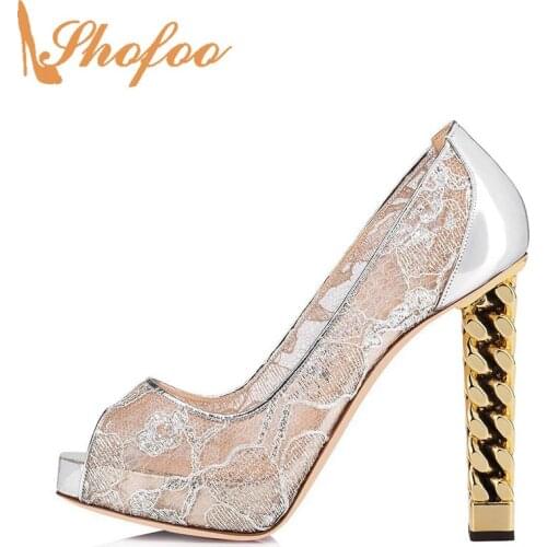 Chain Lace Party Shoes Ladies Female Woman Pumps Slip-On Spring/Autumn Peep Toe High Square Heel Novelty Sexy Large Size 12 15