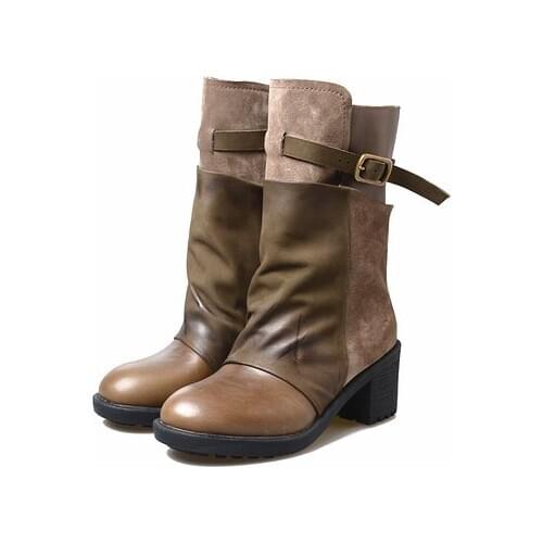 Western Retro Winter Trendy Fashion Genuine Leather Mid Calf Snow Boots Woman Chunky High Heels Punk Cowboy Botas For Ladies