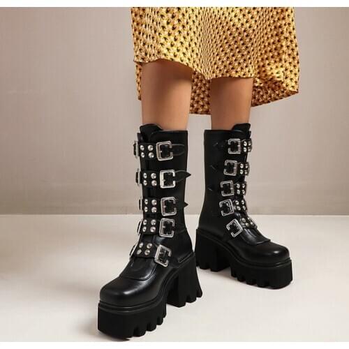 OLOMLB Women Mid Calf Boots Rivet Studs Belt Buckle Punk Gothic Super Chunky High Heel Platform Shoes Motorcycle Plus Size 34-44