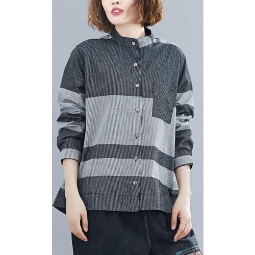 Women Loose Casual Shirts New Arrival 2020 Autumn Korean Style Vintage Stand Collar Patchwork Color Female Cotton Tops S2623