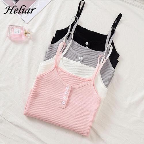 HELIAR 2019 Summer Women Spaghetti Tank Tops Knitting Buttons Crop Tops Sexy Camisole Female Camisole Sleveless Tank Top Women