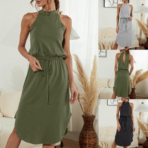 Hot Kf-Women Summer Halter Sleeveless Lace Up Solid Classic Elastic Waist Casual Women Knee-Length Dress