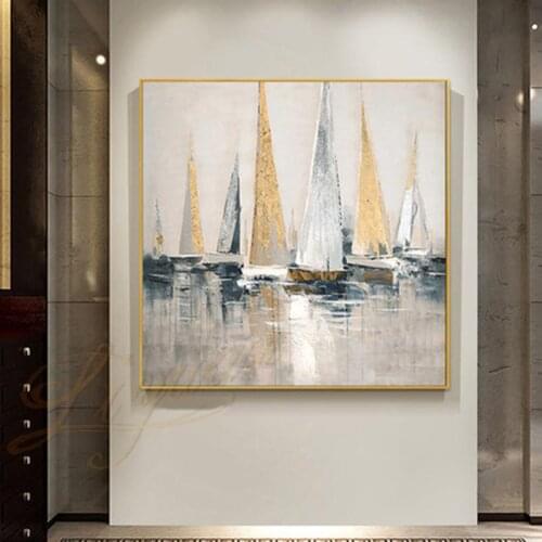 100% Hand Painted Sailing Boat On The Sea Canvas Oil Painting posters Modern Abstract minimalist Wall Art For Home Decoration