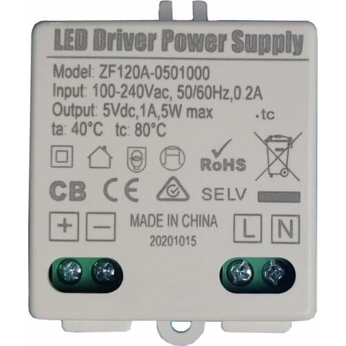 5pcs Constant Voltage LED Driver Power Supply Lighting Transformer Alimentatore ZF120A-05010005W 5VDC, 1A for Vanity Mirror