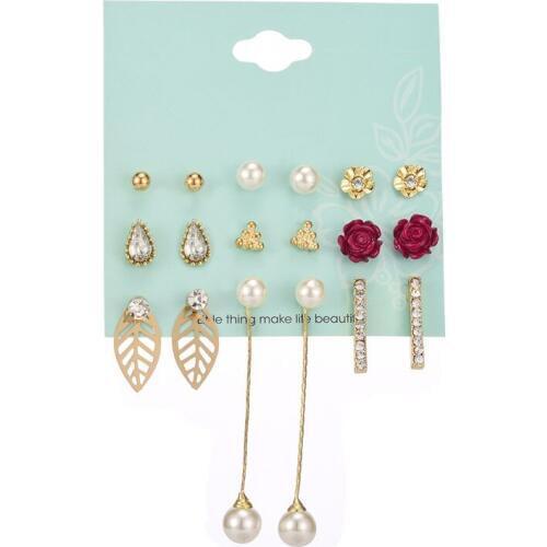 Elegant Gold Color Leaf Stud Earrings Set For Women Simulated-pearl Ear Studs Cute Resin Flower Ear Jewelry 9Pairs