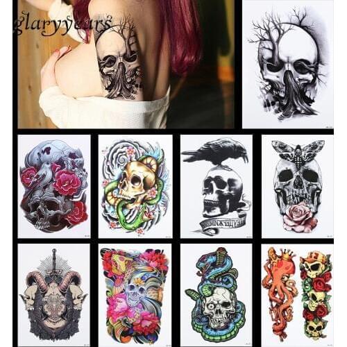 9 Pieces Skull Animal Pattern Design Temporary Tattoo Sticker Women Men Body Art Water Transfer Snake Rose Tattoo Sticker HB#25