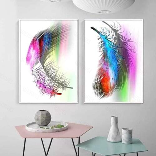 Abstract Colorful Feather Canvas Painting Modern Minimalist Blue Pink Wall Art Poster and Print Nordic Living Room Home Decor