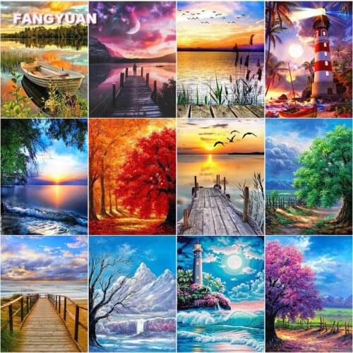 Diy 5D Diamond Painting Full Square Round Drill Landscape Lighthouse Trees Diamond Embroidery Gift Handcraft Home Wall Decor