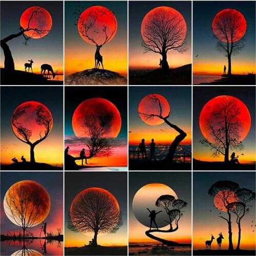 AZQSD Full Square/round Drill Diamond Painting Moon Tree Needlework Diamond Embroidery Landscape Mosaic Decor For Home