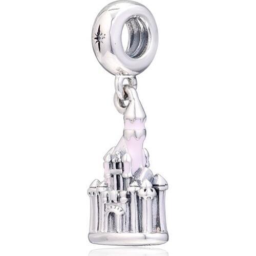 Free Shipping Pink Castle Dangle Charm Sterling Silver Jewelry For European Bracelets Woman DIY Beads For Jewelry Making