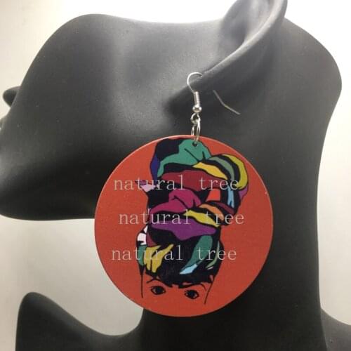 Free Shipping! Printing Black Headwrap Woman Wooden Earrings can mixed 2 colors