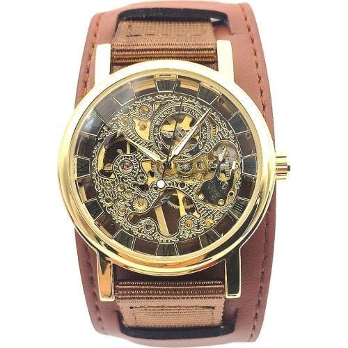 Golden Tone Hollow Skeleton Mens Lady Women Wind Up Mechanical Analog Wrist Watch Canvas & Leather Band Watch Luxury Timepiece