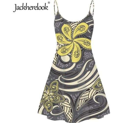 Jackherelook Polynesian Tribal Tattoo Hibiscus Print Casual Women Sleeveless Dresses Sexy Backless Beach Slip Dresses Vestidos