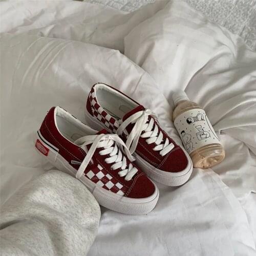 Harajuku Red Black Plaid Vulcanize Shoes Women Fashion Platform Running Tennis Canvas Shoes 2021 Casual Designer Lace Up Flats