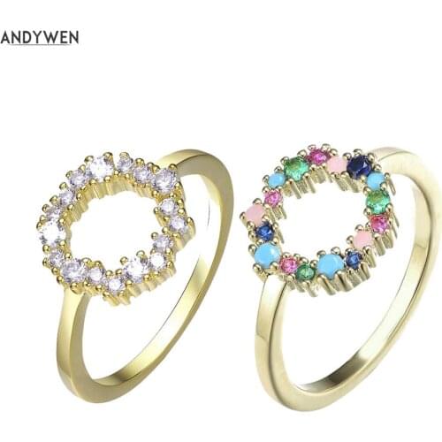 ANDYWEN 100% 925 Sterling Silver 18k Gold Colorful Rainbow CZ Sparkle Tutti Frutti Ring Zircon Guadaloupe Simple Ring Jewelry