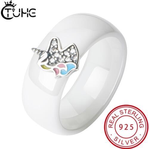 100% 925 Sterling Silver Dazzling Unicorn Licorne 8MM Ceramic Rings for Women Girl Cute Silver Clear CZ Jewelry Party Gift