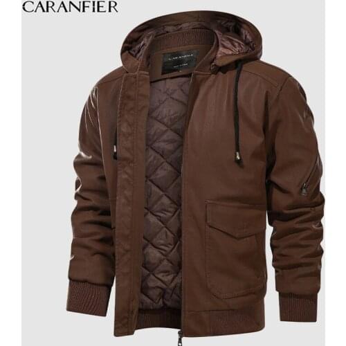 CARANFIER Mens Leather Jacket Men Clothing Faux Coat Winter Moto Biker Classic Vintage Thicken Detachable Hooded Male Outerwear