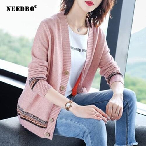 NEEDBO Cardigan Sweater Retro French Lazy Style Knit Cardigan Womens 2021 Long Sleeve Loose Coat Casual Button Female Tops