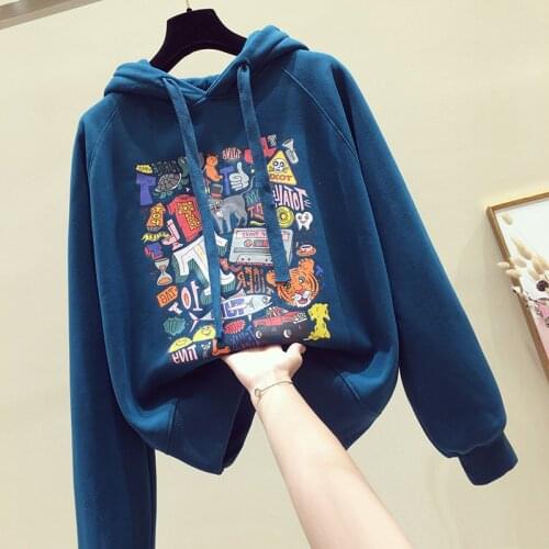 New ladies cartoon printed letter hoodies 2019 autumn and winter long-sleeved fleece warm sweatshirt hoodie womens clothing