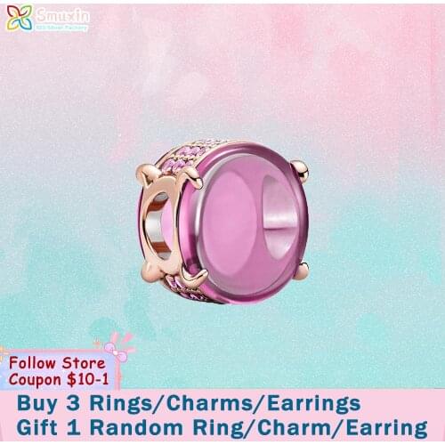 Smuxin 925 Sterling Silver Beads Pink Oval Cabochon Charm fit Original Pandora Bracelets for Women Jewelry Making Birthday Gift