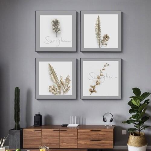 Simple modern industrial wind metallic-colored plant leaf flower art Nordic decorative painting canvas print poster murals