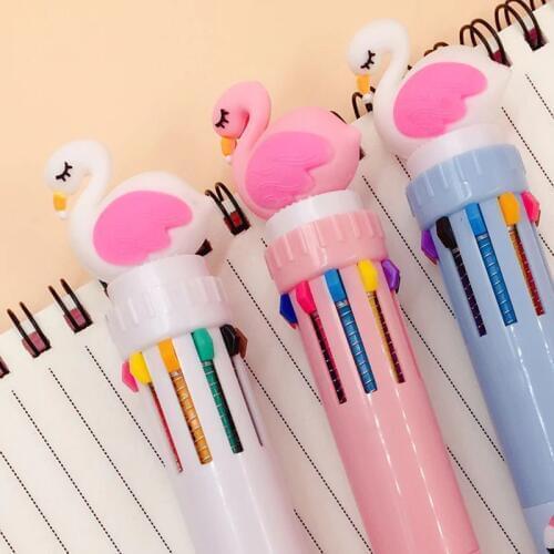 1 Pcs Cute Cartoon Animal Flamingo 10 Colour Ballpoint Pen Multi Color Pen Student Press Ball Pen Boy Girl Party Gifts