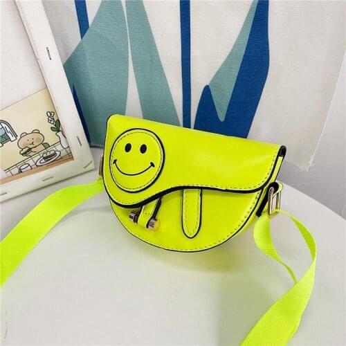 New Childrens Smiley Face Neon Yellow Diagonal Bag Cute Shoulder Saddle Bags Kawaii Versatile Small Purse Zipper Hot Pink Pouch