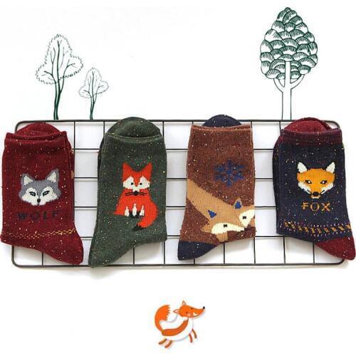 Korean Kawaii Women Owl Wolf Animal Wool Socks Winter Female Cute Cat Deer Fox Elephant Striped Cartoon Thick Thermal Sock Cheap