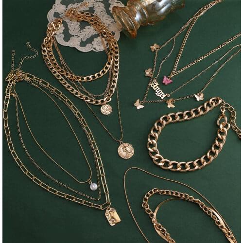 KISS WIFE Golden Chain Vintage Multi-layer Necklaces For Women Coin Butterfly Pendant Necklaces 2021 Trendy Party Jewelry Gifts