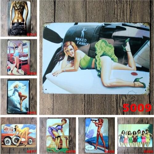 Vintage Tin Signs of Naked Fanny Retro Airplane and Sexy Lady Waitress Beautiful Girls Bar Personalized Metal Poster Decoration