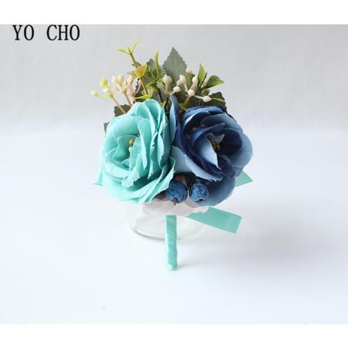 YO CHO Own Designed Silk Rose Wrist Flower Artificial Berries Man Wedding Boutonniere Accessories for Wedding Prom Party
