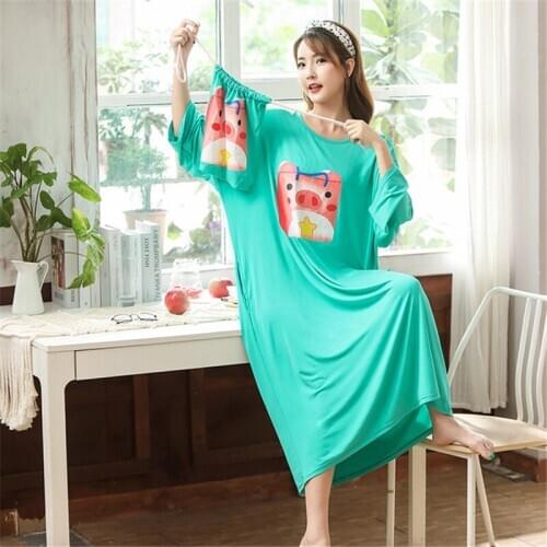 Female nightdress cartoon nightgown kimono long sleeve modal plus size fat MM pregnant woman long bathrobe sexy sleepwear