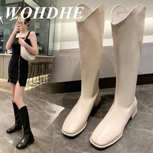 WOHDHE Summer Women Knee High Boots Square Heel Back Zipper Long Boots Women Solid Round Toe Concise PU Leather Cool Shoes