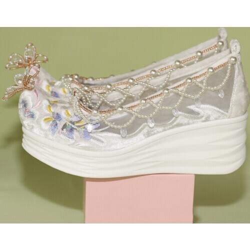 Womens Embroidery Pearls Mesh Rhinestones Flower Hanfu Platform Wedge High Heel Shoes Wedding Cosplay DIY New 2021