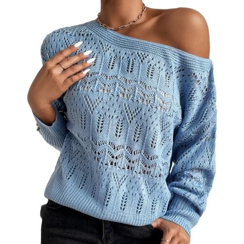 Women Solid Knitted Off Shoulder Sweater Sexy One Shoulder Long Sleeve Hollow Out Pink Blue Autumn Pullover Sweaters Fall Tops