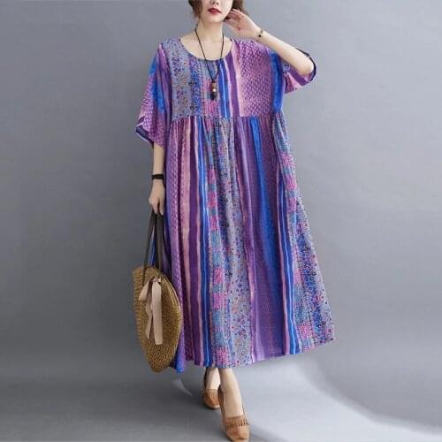 Short Sleeve Plus Size Cotton Vintage floral Dresses For Women Casual Loose Long Summer Dress Elegant Clothes 2021 New Pullover