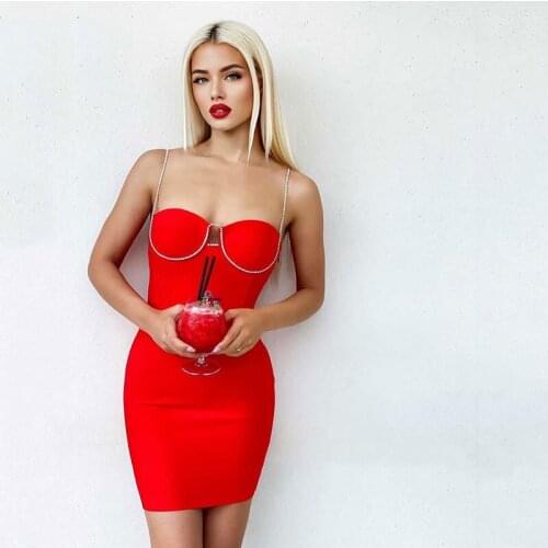 New Womens Sexy Diamond Strap Bodyon Mini Bandage Dress 2021 Summer Sleeveless Red Beige Black Nightclub Party Dresses
