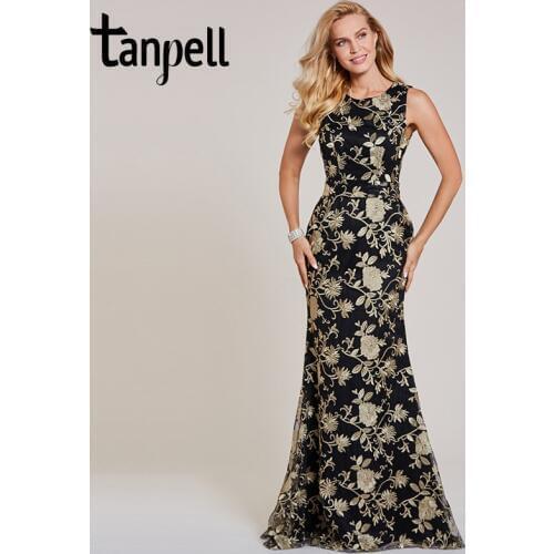 Tanpell embroidery evening black lace sleeveless floor length mermaid gown cheap women wedding party formal long evening dresses