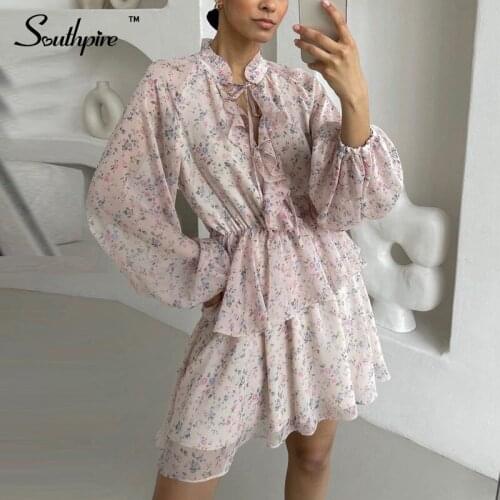 Southpire Women Autumn Pink Flower Print Dress V Neck Casual Long Sleeve Ruffles Split Party Dress Female Elegant Day Clothing