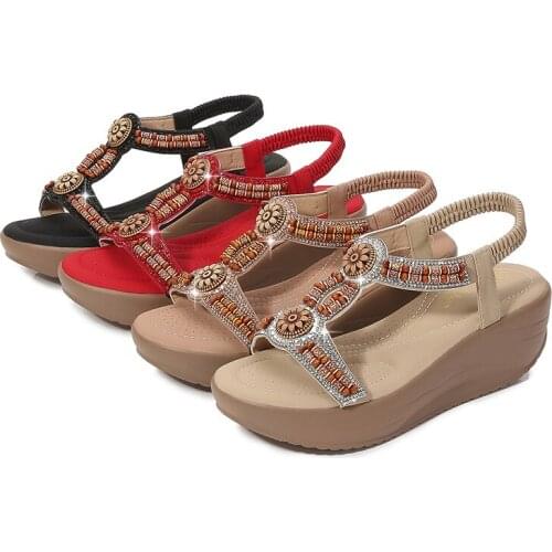 Big Size To 42 Bohemian Sandals Women Summer Bling Rhinestone Elastic Back Light& Comfortable Wedge Heel Pumps Shoes For Women
