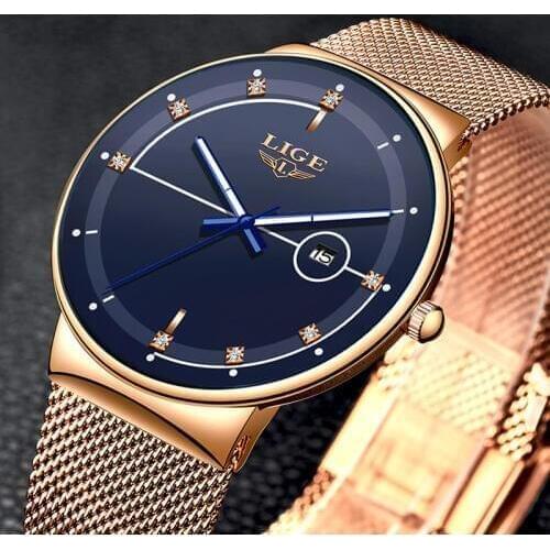 LIGE Fashion Mens Watches Top Brand Luxury Ultra Thin Quartz Watch For Men Mesh Strap Waterproof Gold Watch Relogio Masculino