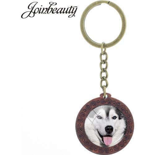 JOINBEAUTY Pet Dog Husky Wooden Key Chain Pug Animal Printed Glass Dome Keychain Key Holder Pet Lovers Gift Jewelry CN775