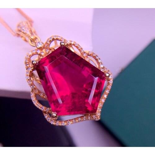 E612 Fine Jewelry Real 18K Gold Natural Red Tourmaline 16.6ct Gemstones Diamond Pendants Necklaces
